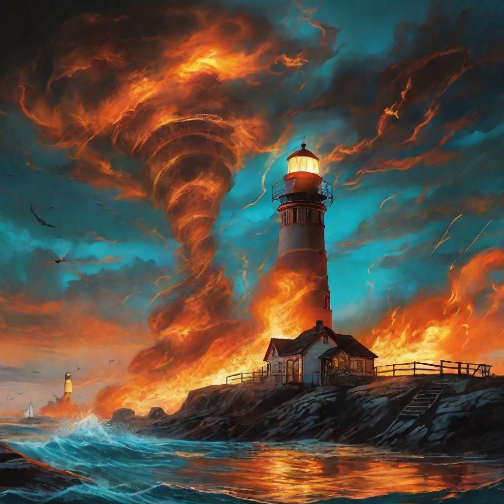 Fire Tornado Engulfs Lighthouse Island: Matte Painting