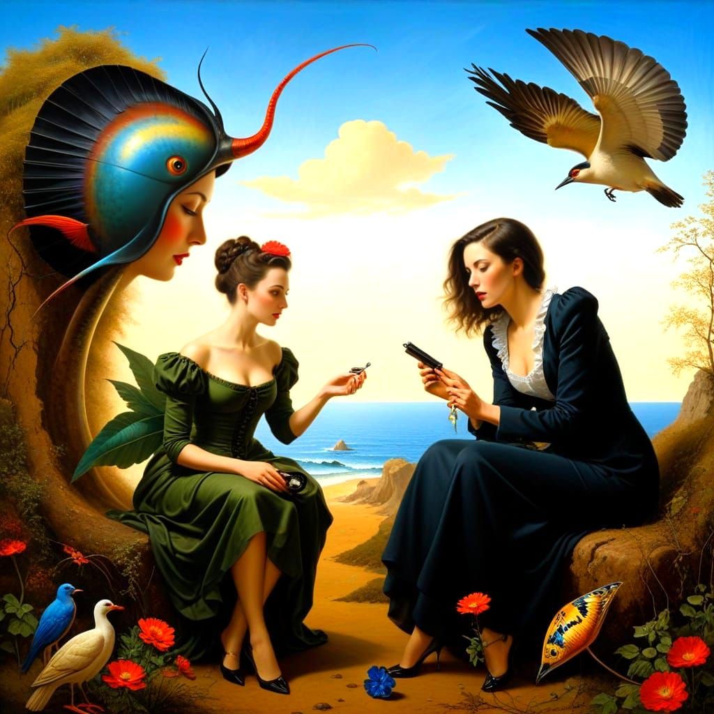 Charismatic Ladies Engaged in Intense Discussion in Surreal ...