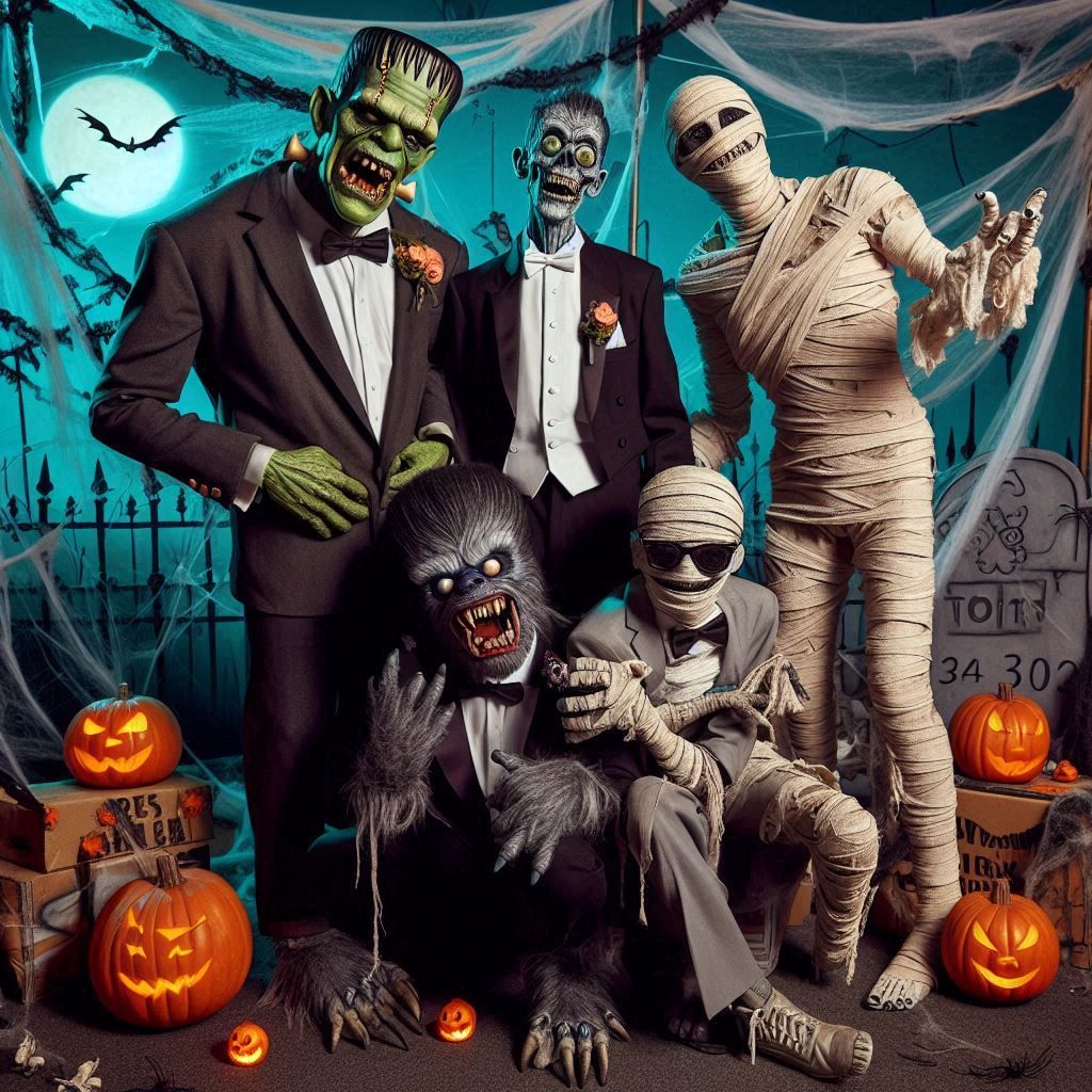 Monsters, a lurching Frankenstein's monster in a bow tie and cummerbund, a werewolf in a tuxedo, and a mummy in a suit a...