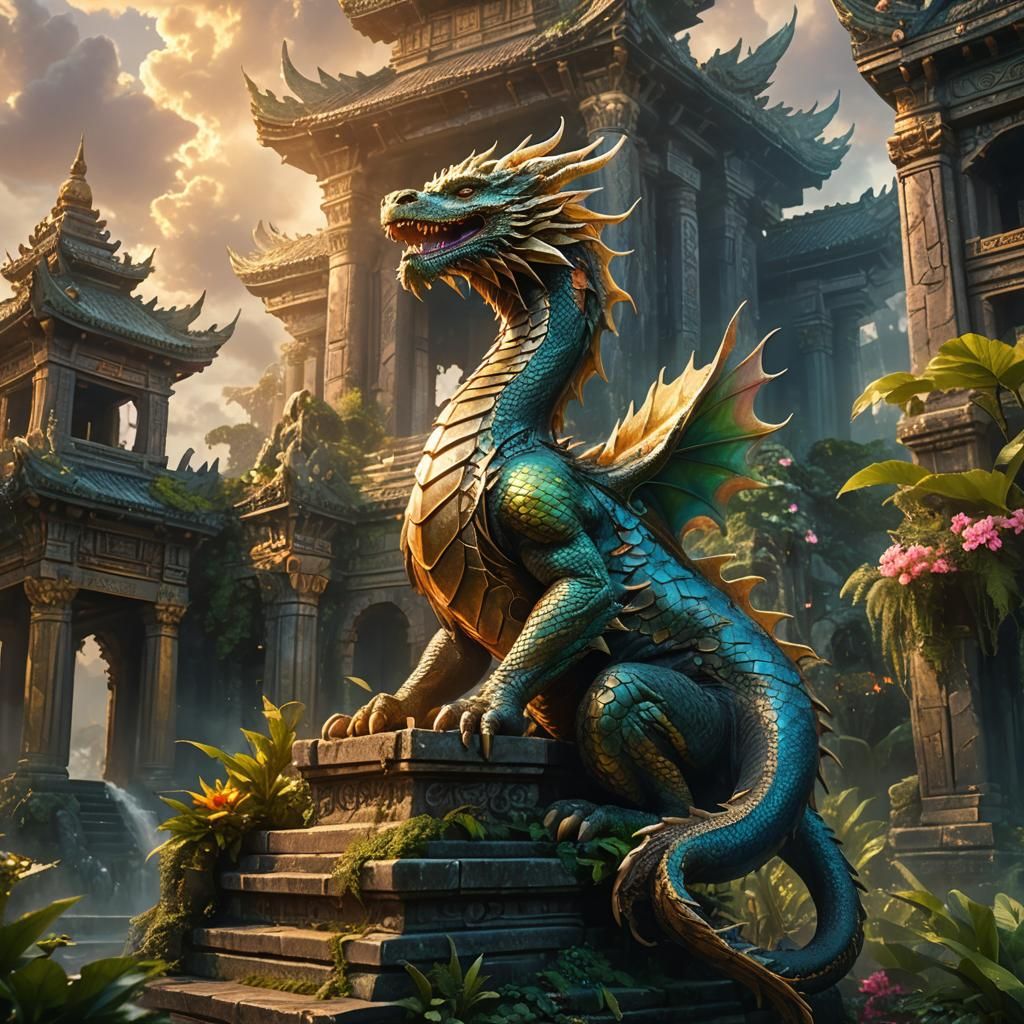 Dragon Perched Atop Mystical Temple in Fantasy Art