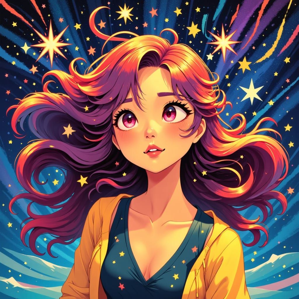 Illustrative star woman of warm colors <lora:Anna Illustrious:1.0>