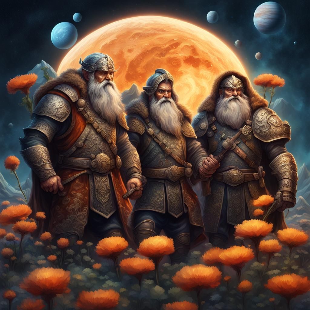 three dwarven warriors tending some flowers. planets and moo...