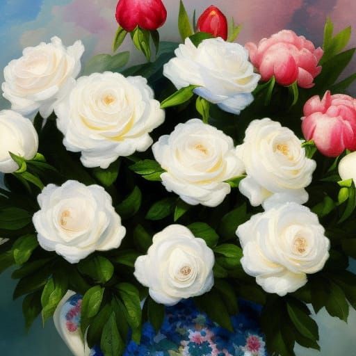 white roses, pastel peonies in a vase in Gouache Style, Wate...