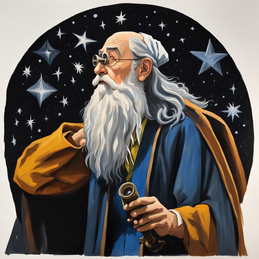 dumbledore from the back observing the stars through a teles...