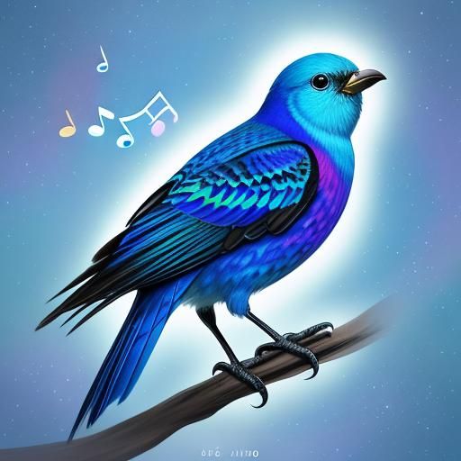 A bird with tiny musical notes on it's body. The bird's eyes...