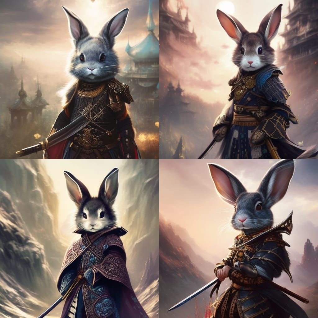 chibi rabbit, traditional samourai Japanese, wearing worn torn_armor: big cute blues eyes;
a highly intricate and elabor...