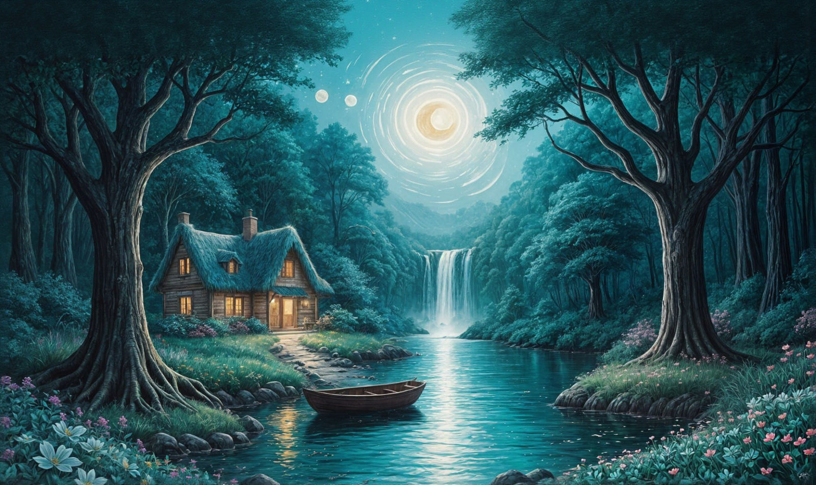 A swirling turquoise painting of a cute little cottage alone deep in a forest with large trees, beside ...  by @Summerchild