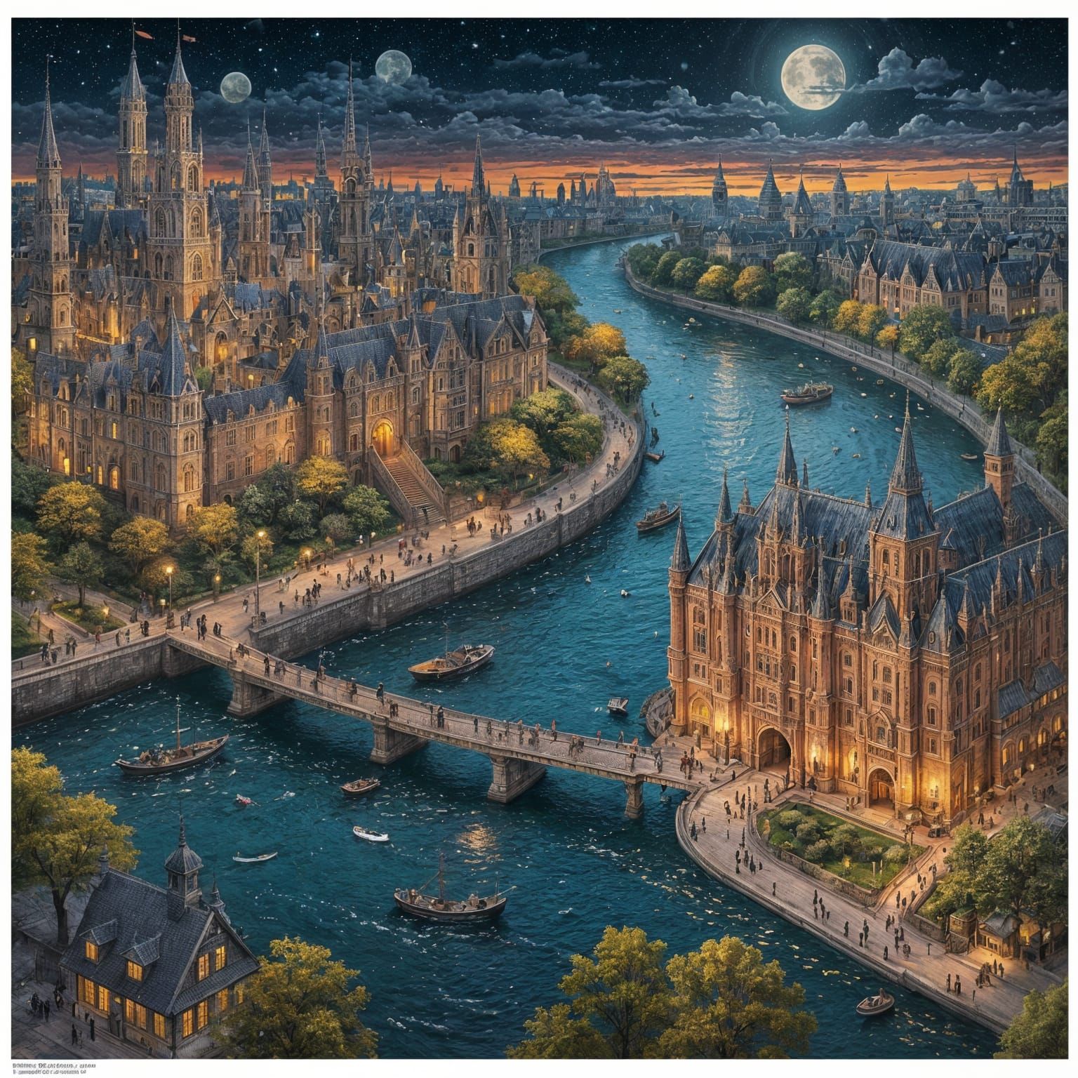 Gothic Ship Sails on River at Night