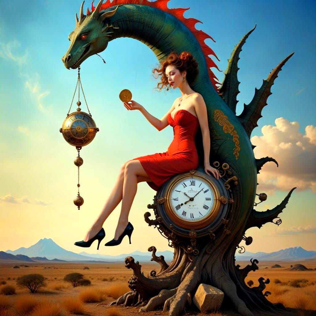 Charming Happy Lady in Whimsical Surreal Scene