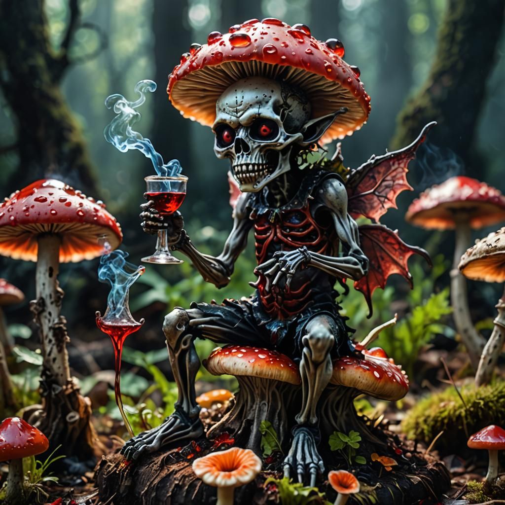 Macro photography of a tiny demon fairy sitting on a mushroo...