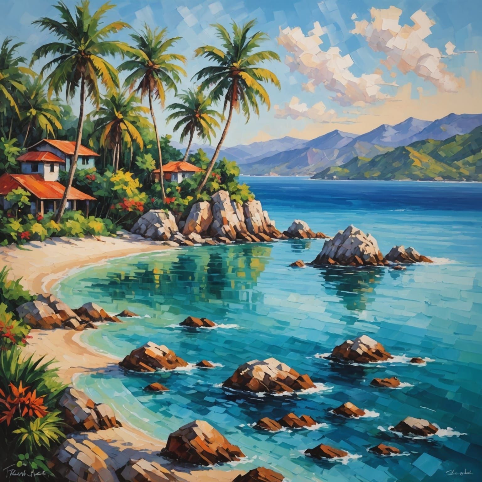 Palm Tree Bay Rock Villa: Expressionist Oil Painting