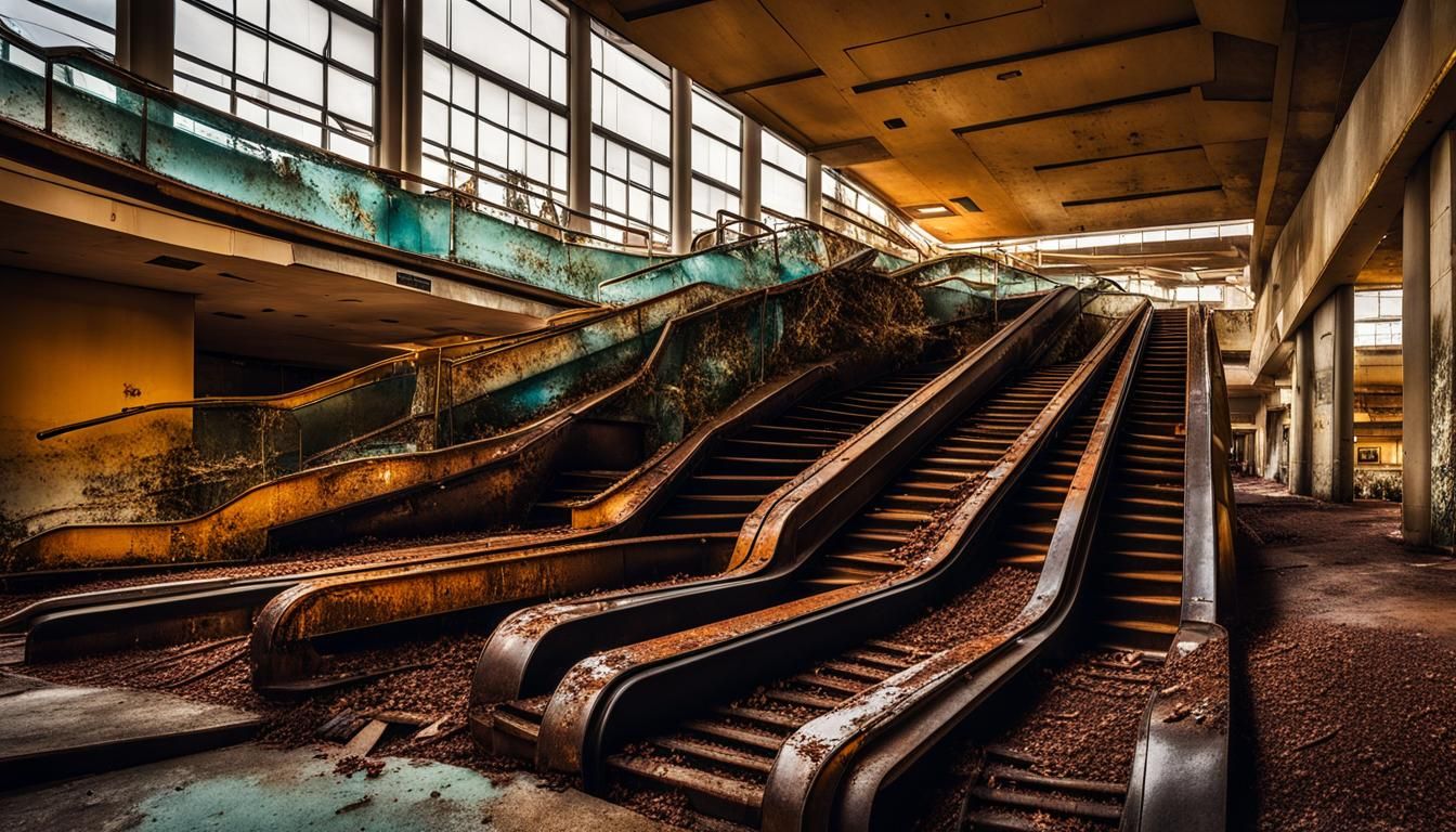 From Busy to Abandoned: A rusted escalator, abandoned mall  by @Patrick Francart