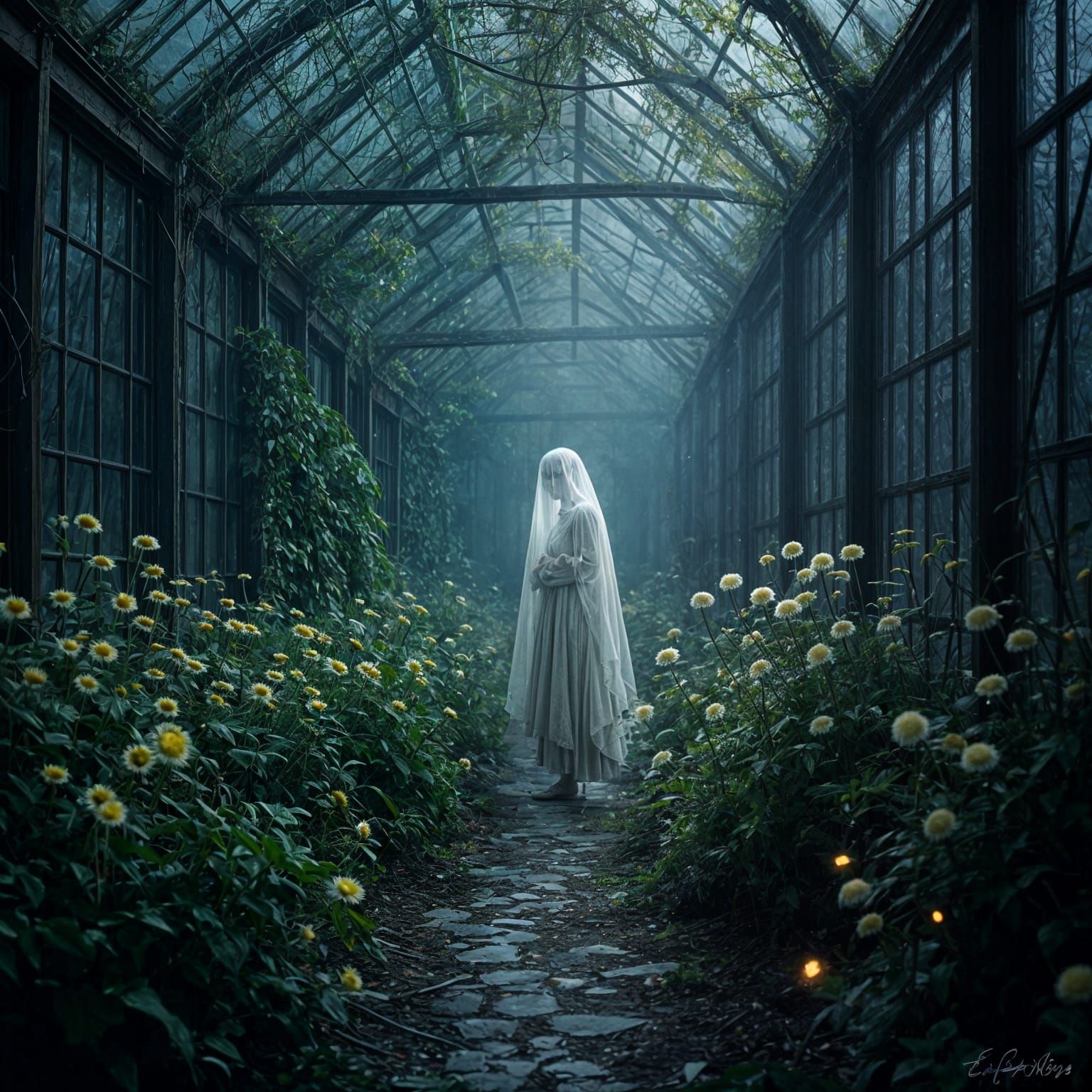 A solitary spooky translucent ghost stands in a decaying greenhouse, overgrown with thorny vines and shadowed by a perpetual twilight. Dande...