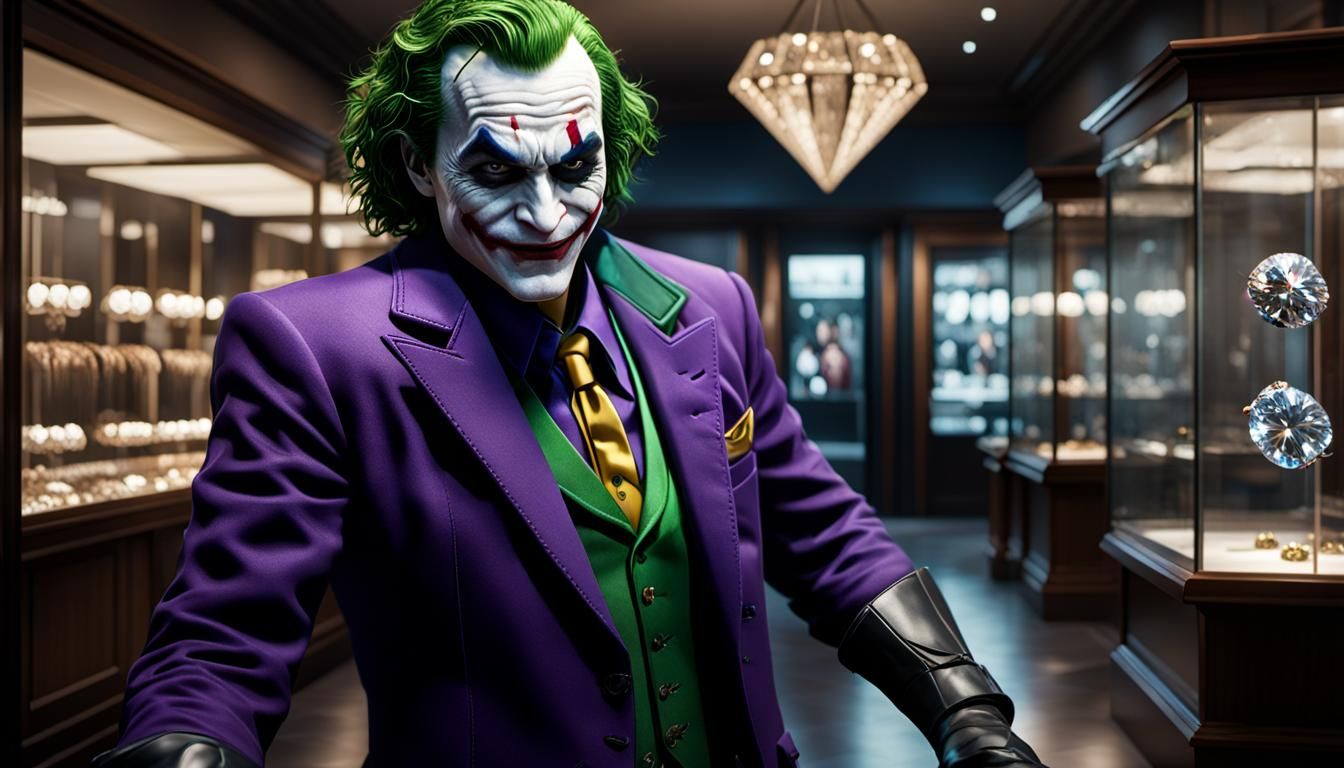 Excessively detailed joker stealing a huge Diamond from a Je...