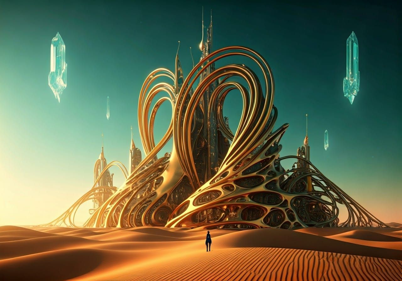 Alien organic architecture, desert landscape with golden biomechanical structures, under a turquoise sky.  by @Mike - Red Vulcan