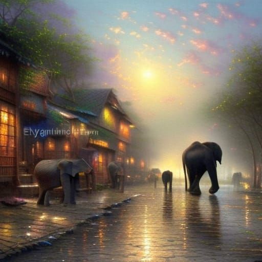 an elephant walking among people in a slum