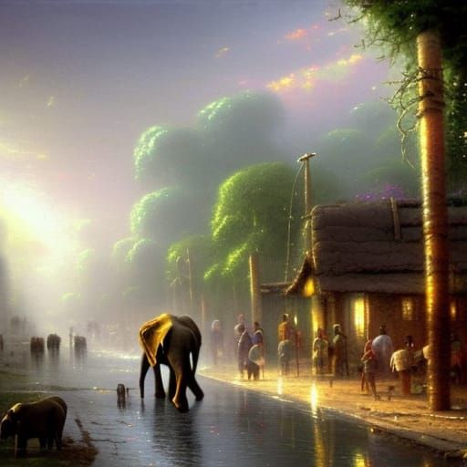 an elephant walking among people in a slum
