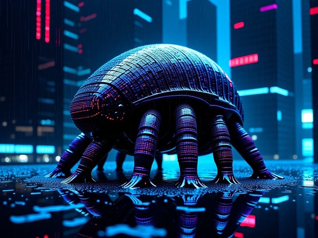 Digital landscape, a big "chubby wrinkled digital glitch tardigrade"; 8 legs, black and blue glowing digital 0s and 1s impasto square tile m...