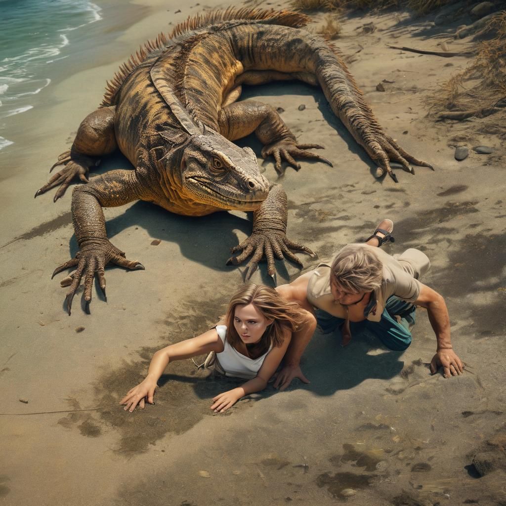 Movie poster featuring couple stranded on lizard island larg...
