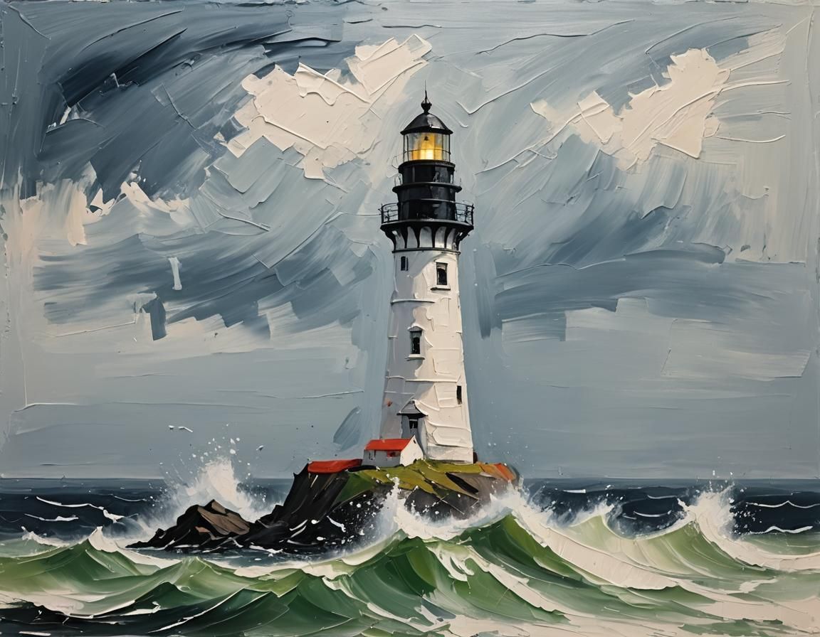 Stormy Sea Lighthouse: Minimalist Impasto Painting