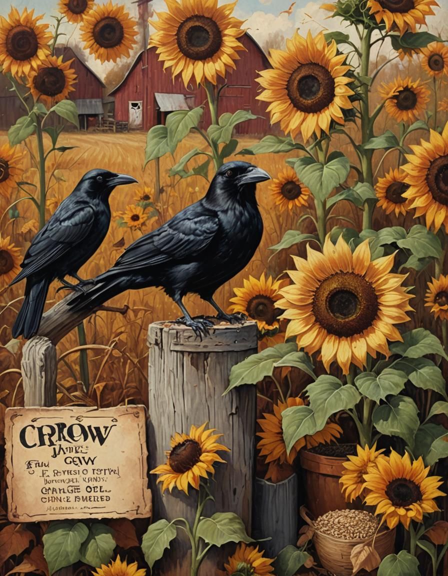 cute spooky rustic farm autumn theme crow sunflower seeds label  by @Halloween Hamster