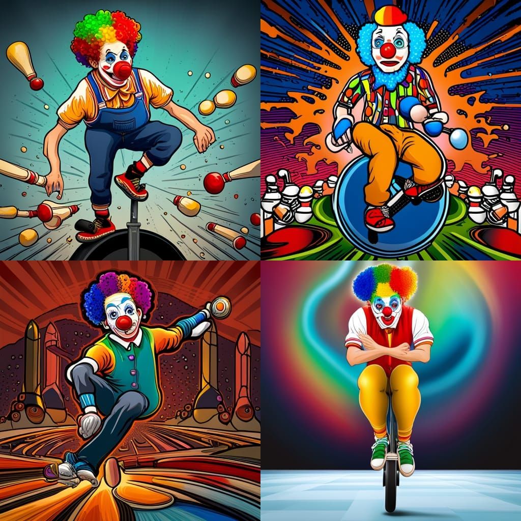 Boondock clown on a unicycle juggling bowling pins, highly detailed