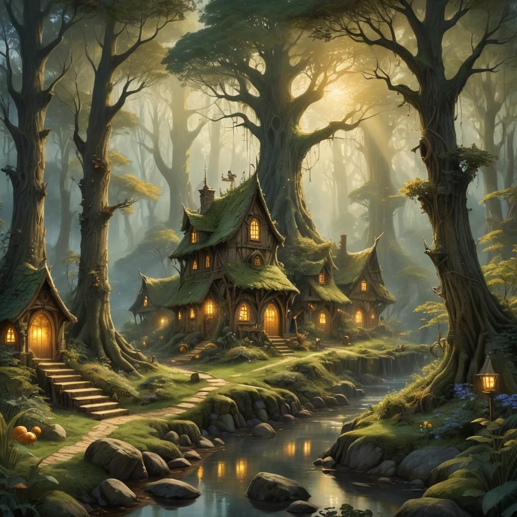 Elven village with woodland creatures
