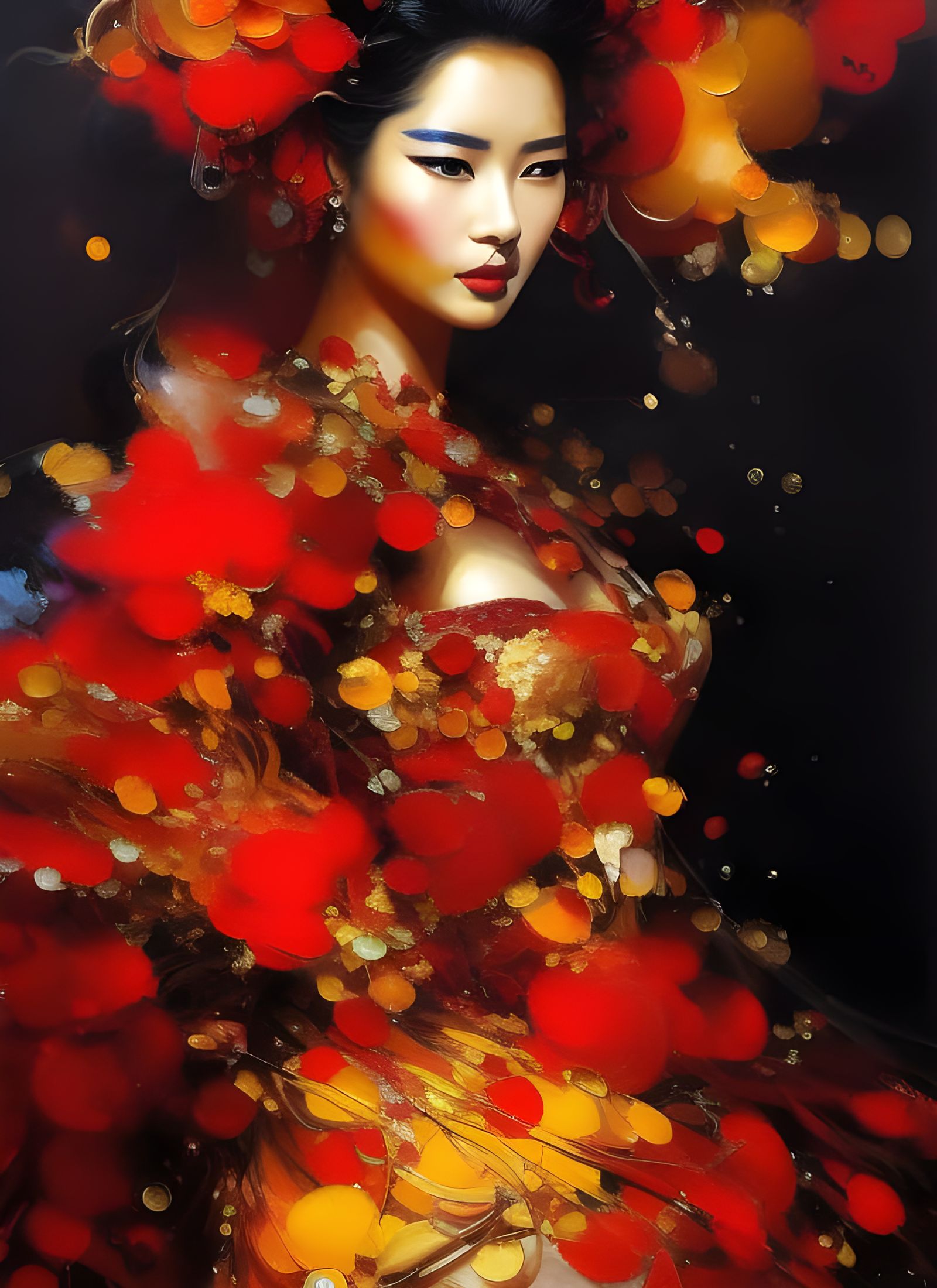 Fiery Geisha Portrait in Hyperdetailed Gouache Illustration