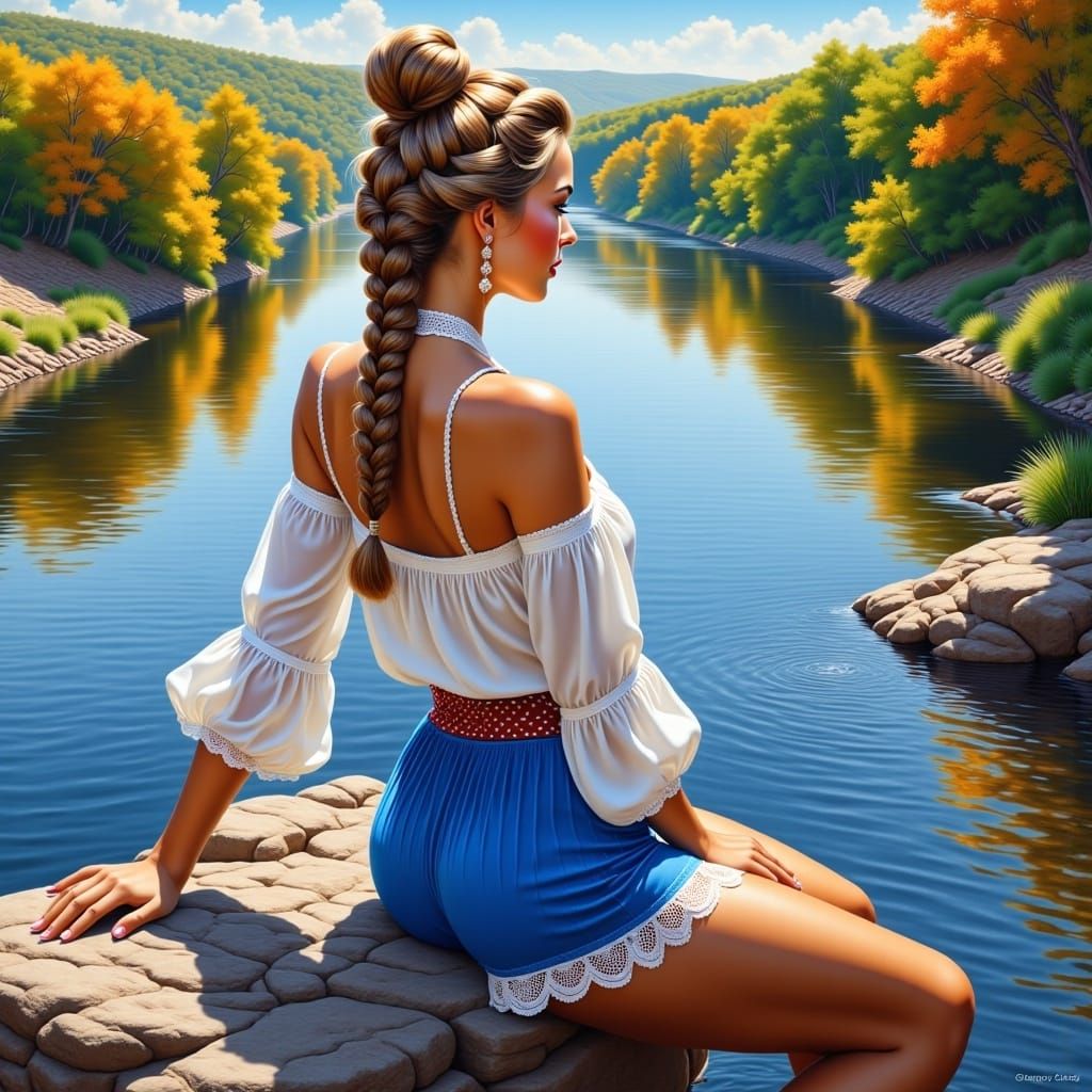 <lora:CuteBeautiesFlux:1.0> Stunning woman, braided hair, blue boho style blouse and shorts sitting on a rock looking at the river, a stunni...