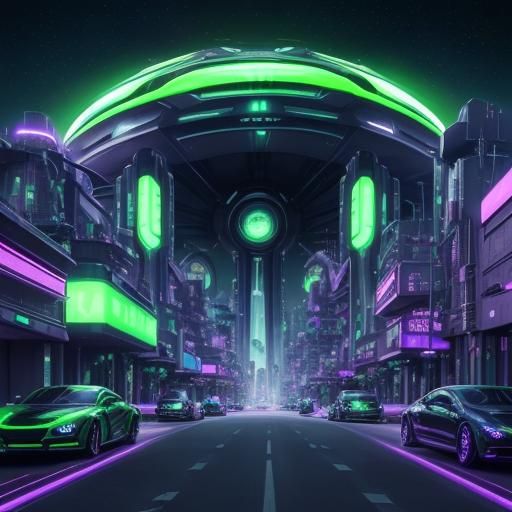 Futuristic city with neon green and purple signs on building...
