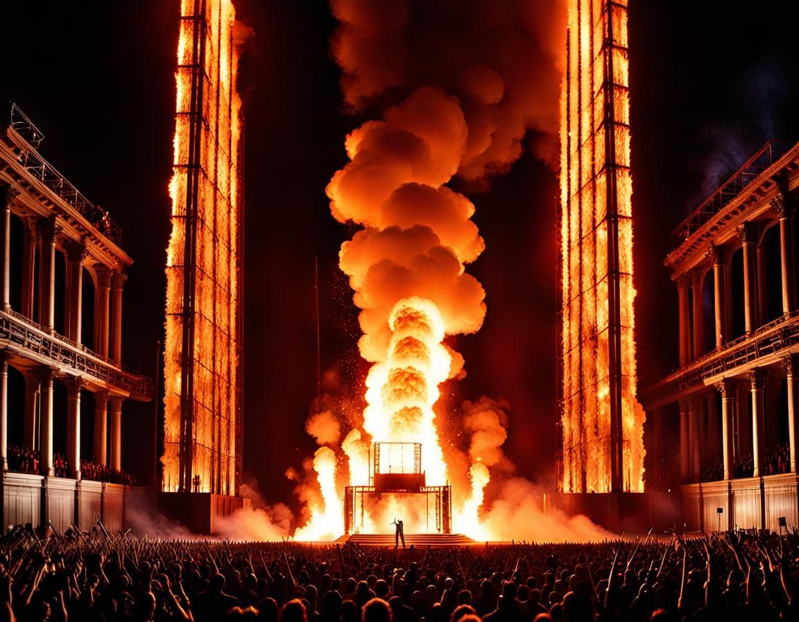 Long shot of stage of Wild Rammstein Concert performing Feuer Frei