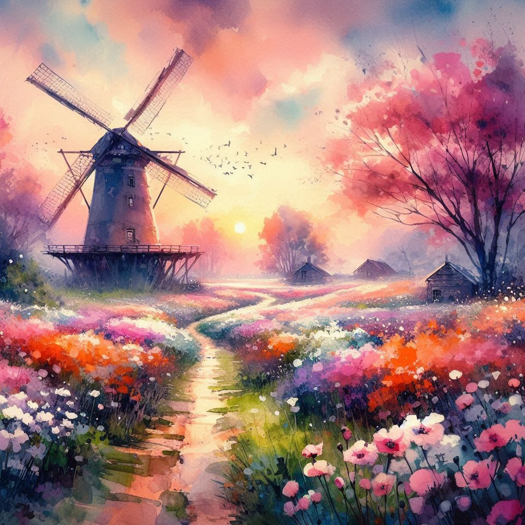 a windmill in a field of flowers