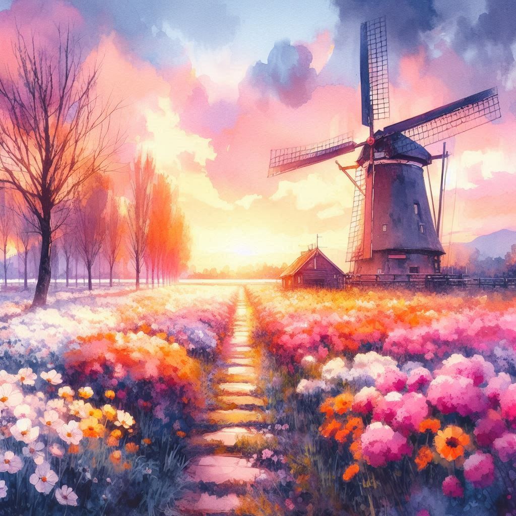 a windmill in a field of flowers