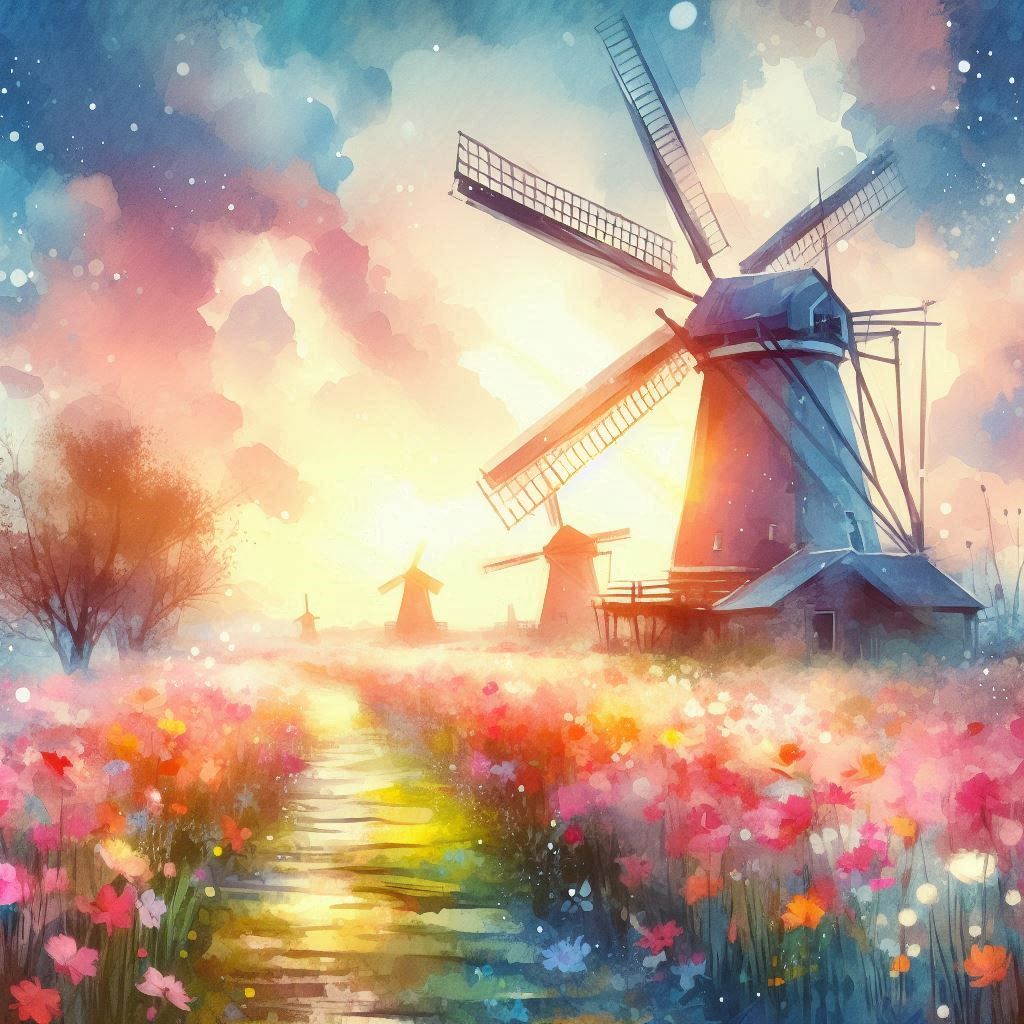 a windmill in a field of flowers