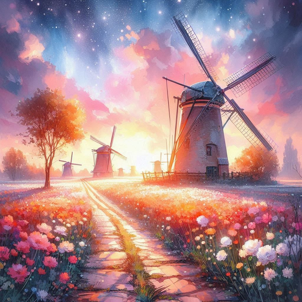 a windmill in a field of flowers