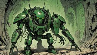 necrons comics: A scarab robot with distorted lines in the background ...