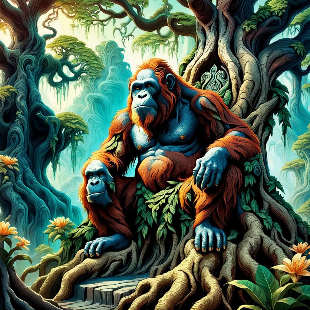 Orangutan King on Root Throne: Fantasy Art