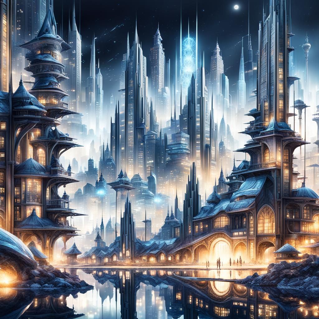 Marvelous Epic Futurism (Elven:5) (cityscape:1.1) panorama hyperrealism, triple exposure, (nighttime:2.5)  by @Calchexas