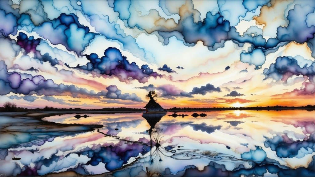 <lora:Alcohol Ink Splash:1.0> <lora:Liquid Ink Flux:1.0> <lora:hyperkraximalismus:1.0> A beautiful sunset not quite on the horizon with dark...