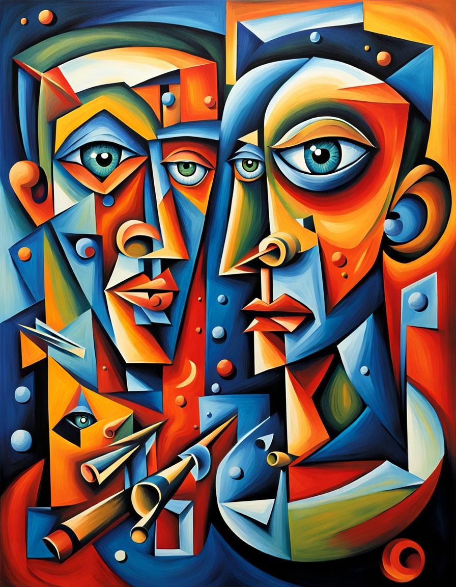 Cubist style Time moves backwards to embrace the future,
Quarks unravel in chaotic frenzy,
Two souls ...  by @Drac_Rosenberg