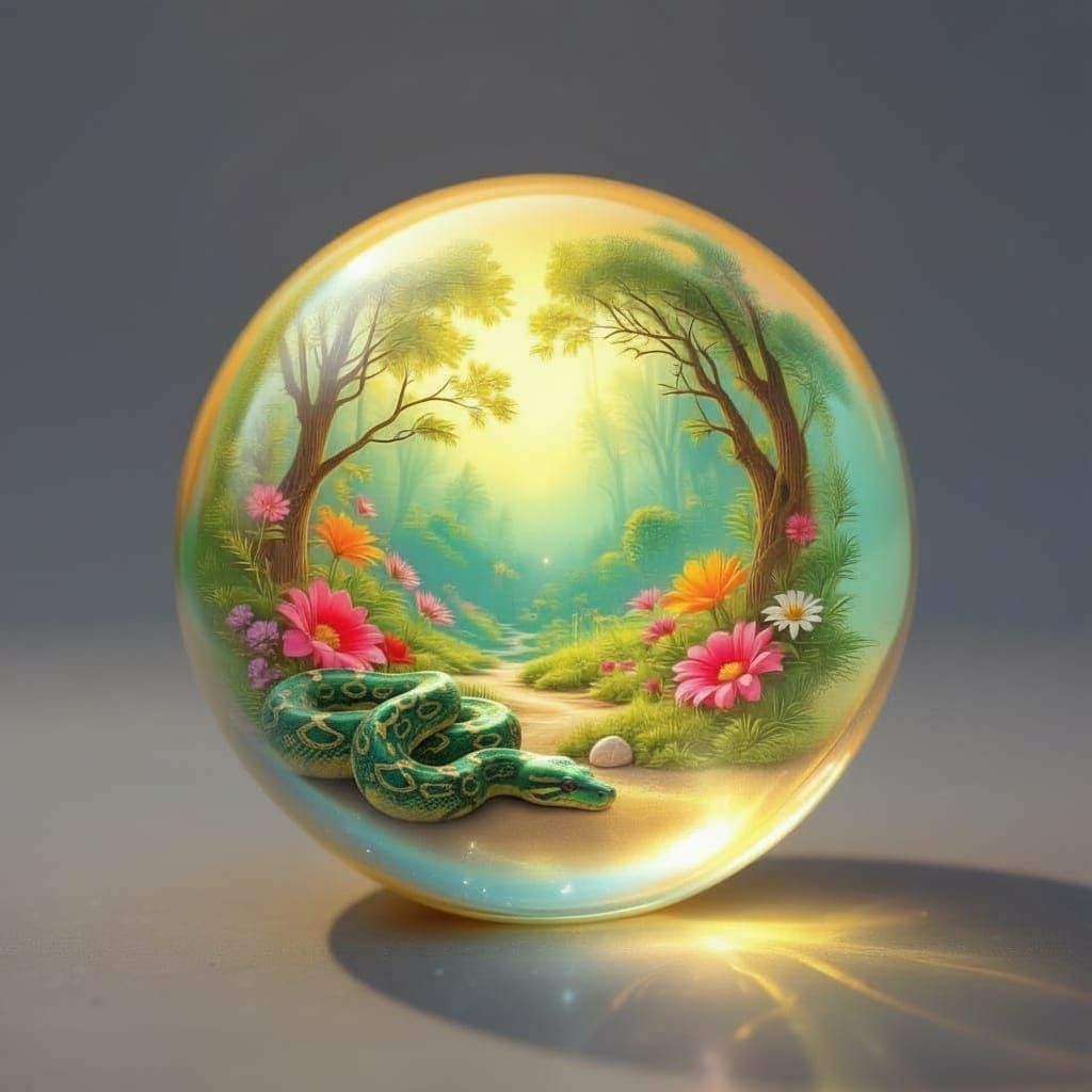 A shiny glass circle, with a beautiful 3D image of a magical floral forest inside a wonderful seashell on sand, in spectacular soft lighting...