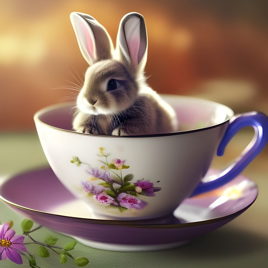 Cute and adorable fluffy baby bunny in an empty tea cup, Digital art ...