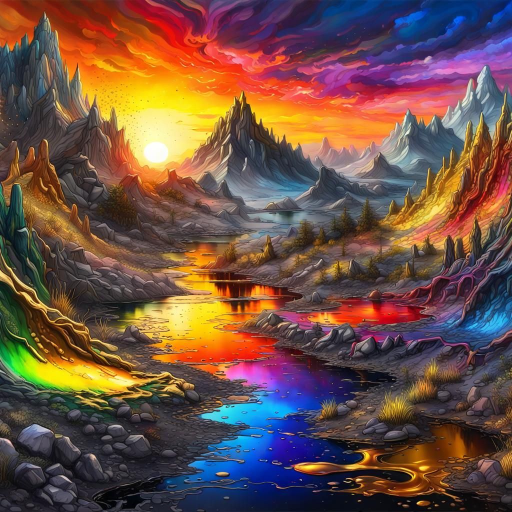 Oil paint and liquid chrome Alien Landscape, liquid rainbow... - AI ...