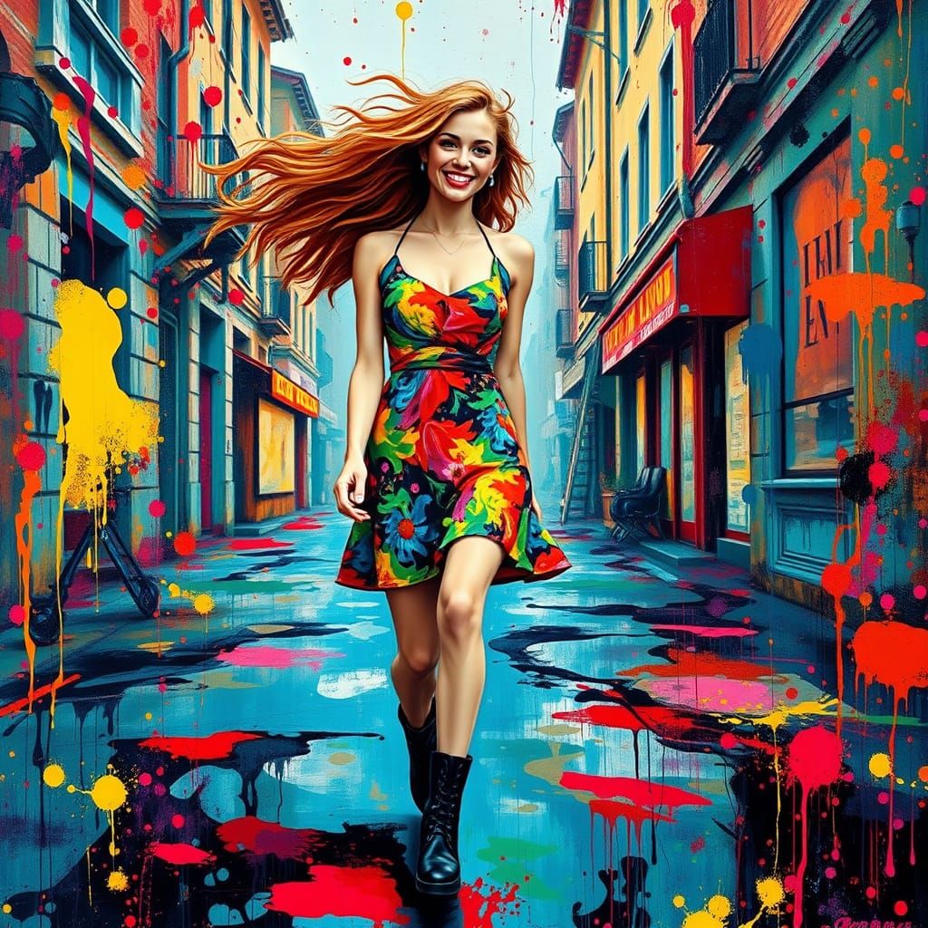 Vibrant Woman in Dreamlike Street Scene