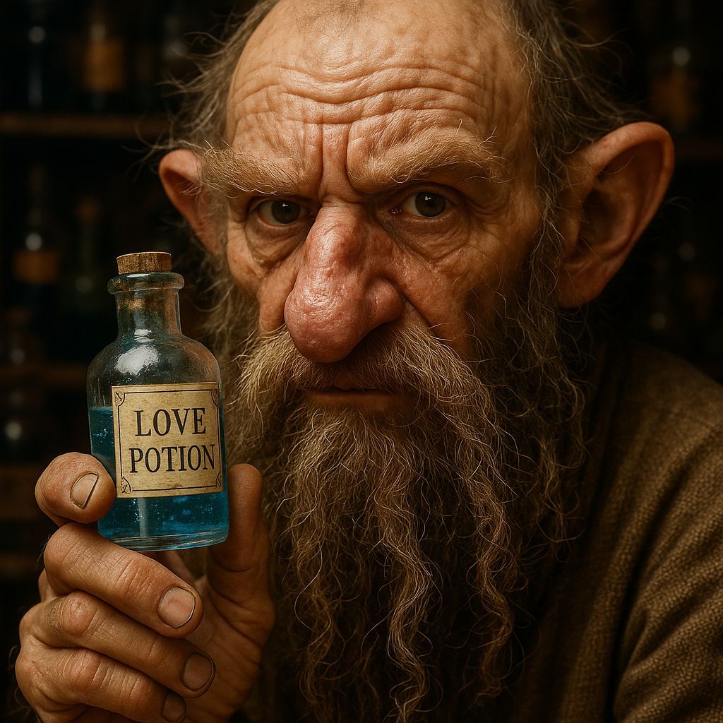  A hyper-detailed macro image of a gaunt, mythical-style dwarf working as an apothecary in a close-up shot. The dwarf has a long, tangled be...