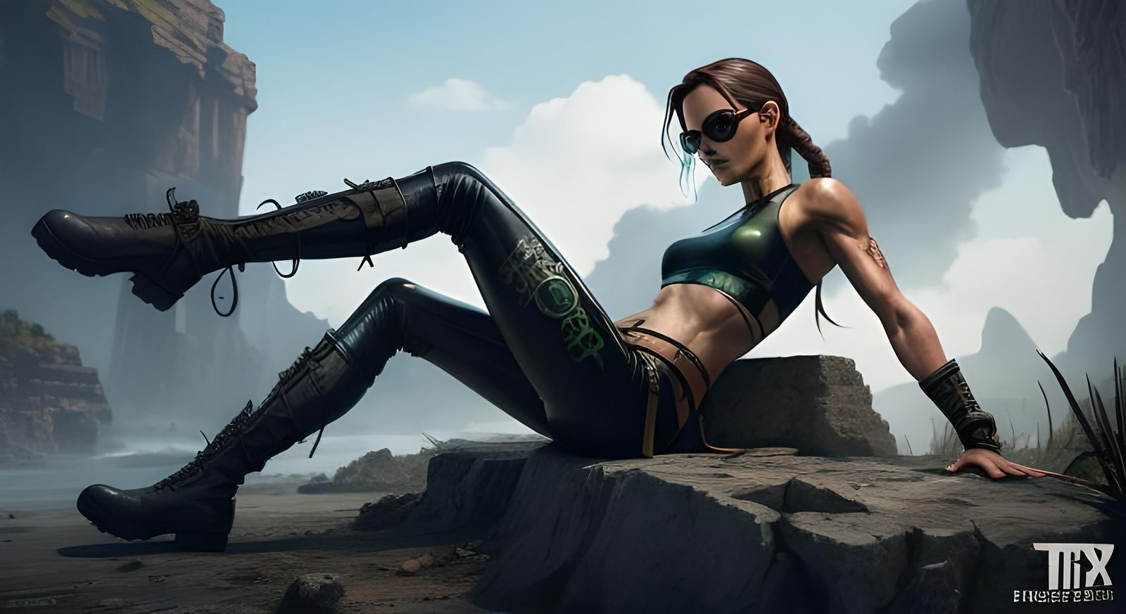 Extrem thin and skinny fitness Lara croft in a latex bekini with boots and  muscels. Show her bellybutton. Show her legs and boots. She is we... - AI  Generated Artwork - NightCafe Creator