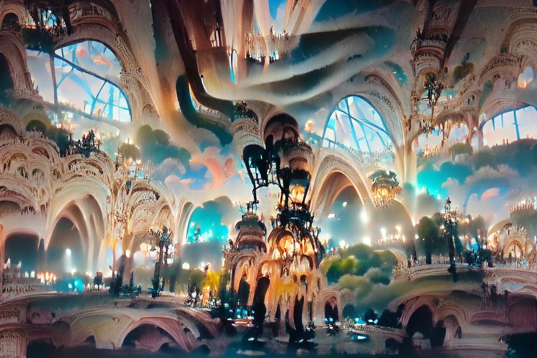 'Looking up at a Massive Chandelier hanging down in a vast, brilliantly lit room of sparkling chromatic light, refraction, reflection, beams of light art nouveau rococo architecture vaulted ceiling huge arches smoke from the psalters' Prompt is 2 years old 
