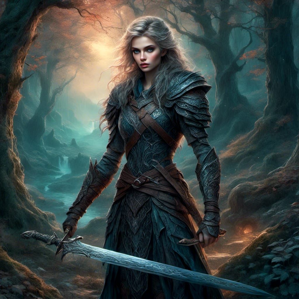 Elf Warrior in Mystical Forest: Dark Fantasy Illustration