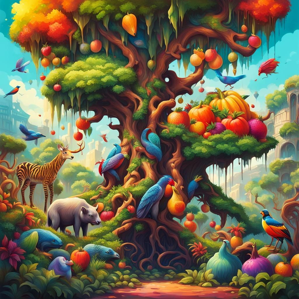 Animal Kingdom is an island with tall fruit trees and vegeta...
