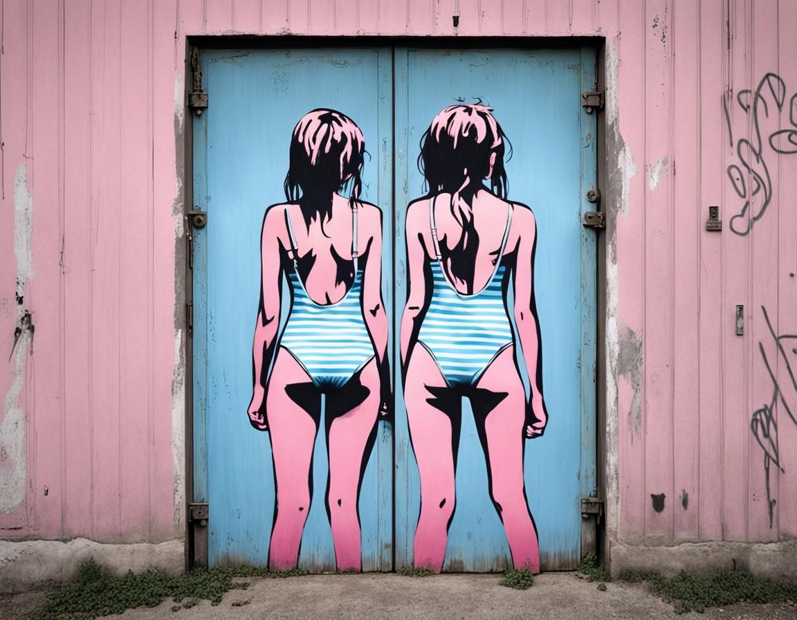 graffiti of two girls painted from behind onto an old door t...